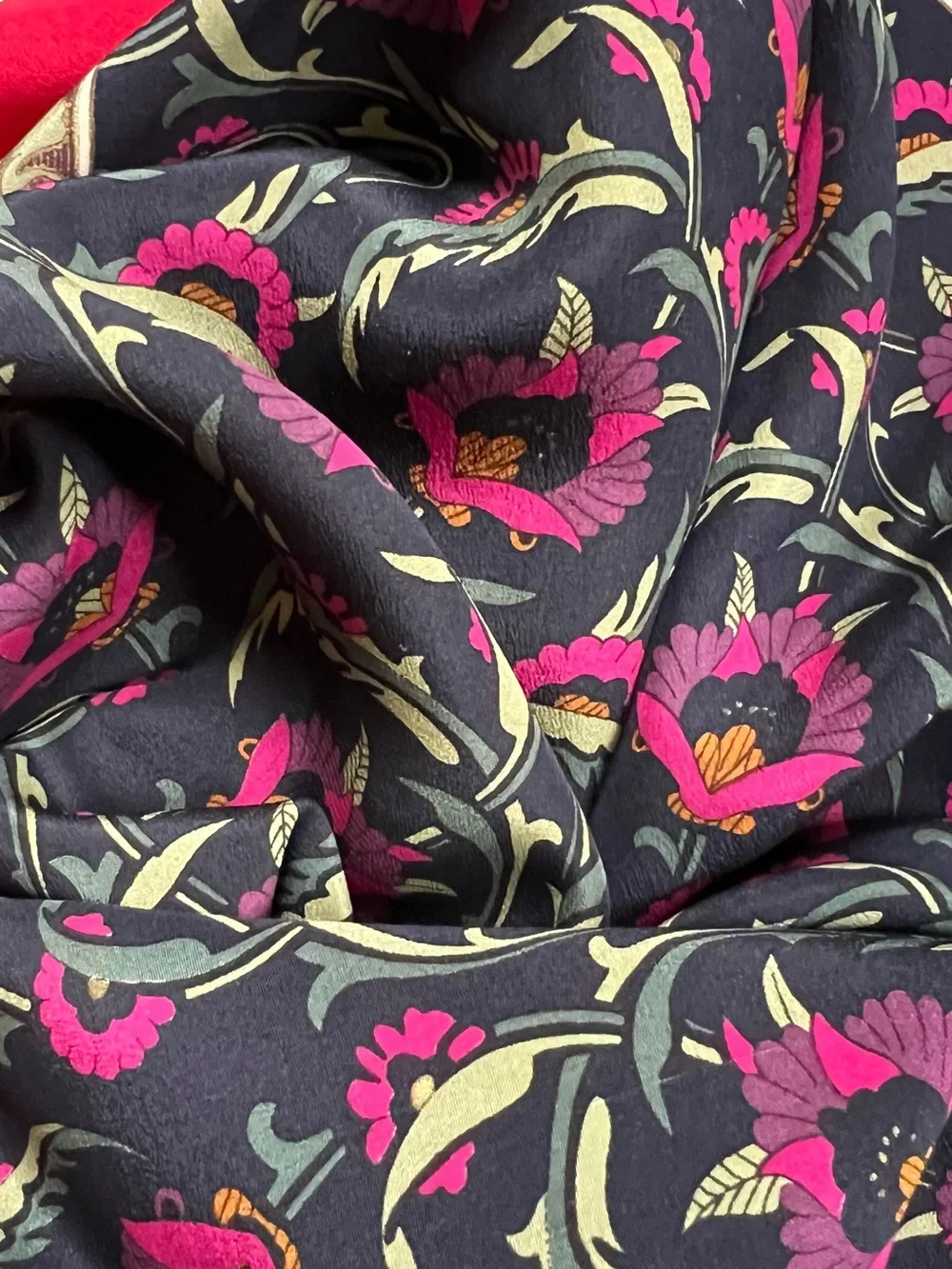 Yves Saint Laurent Vintage Silk Scarf Floral Print Square Shawl Red Pink Navy
